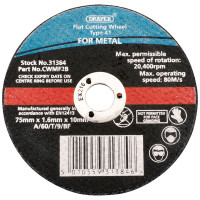 Draper Expert 31384 - Draper Expert 31384 - 75 x 10 x 1.6mm Flat Metal Cutting Wheel