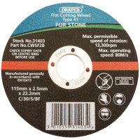 Draper 31403 - Draper 31403 - 115 x 22.2 x 2.5mm Flat Stone Cutting Wheel