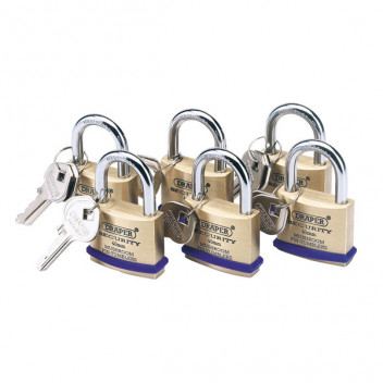 Draper 67659 - Pack of 6 x 40mm Solid Brass Padlocks with Hardened Steel Sh