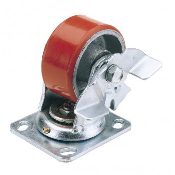 Draper 65527 - 125mm Dia. Swivel Plate Fixing Heavy Duty Polyurethane Wheel with Brake - S.W.L. 300Kg