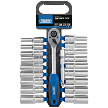 Draper 16377 - 1/2" Sq. Dr. Combined MM/AF Deep Socket and Ratchet Set (20