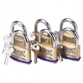 Draper 67663 - Pack of 6 x 60mm Solid Brass Padlocks with Hardened Steel Shackle