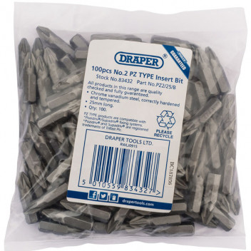 Draper 83432 - No.2 PZ TYPE 1/4" Insert Bits (Bag of 100)