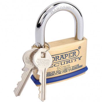 Draper 64163 - 60mm Solid Brass Padlock and 2 Keys with Mushroom Pin Tumblers Hardened Steel Shackle and Bumper