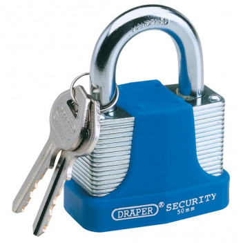 Draper 64183 - 65mm Laminated Steel Padlock and 2 Keys with Hardened Steel Shackle and Bumper