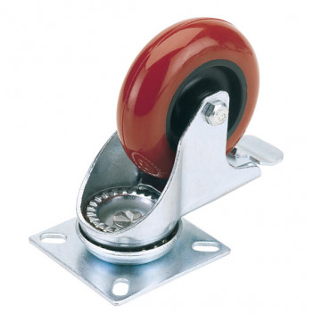 Draper 65514 - 75mm Dia. Swivel Plate Fixing Polyurethane Wheel with Brake - S.W.L. 70Kg