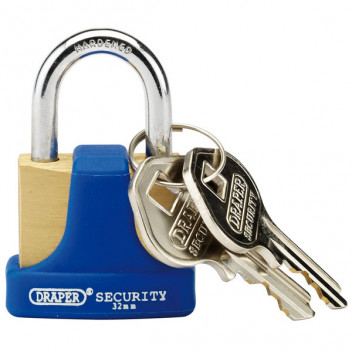 Draper 64164 - 32mm Solid Brass Padlock and 2 Keys with Hardened Steel Shackle and Bumper