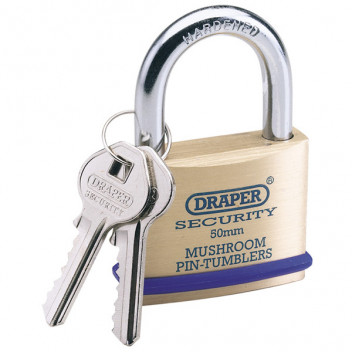 Draper 64162 - 50mm Solid Brass Padlock and 2 Keys with Mushroom Pin Tumblers Hardened Steel Shackle and Bumper