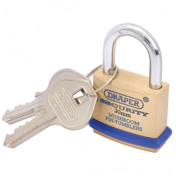 Draper 64160 - 30mm Solid Brass Padlock and 2 Keys with Mushroom Pin Tumblers Hardened Steel Shackle and Bumper