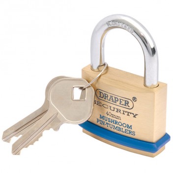 Draper 64161 - 40mm Solid Brass Padlock and 2 Keys with Mushroom Pin Tumblers Hardened Steel Shackle and Bumper