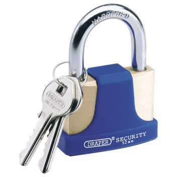 Draper 64166 - 52mm Solid Brass Padlock and 2 Keys with Hardened Steel Shackle and Bumper